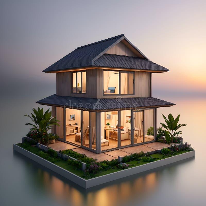 3d model referencyjny słodkiego małego domu dla ciepłego klimatu ai generowany royalty ilustracja