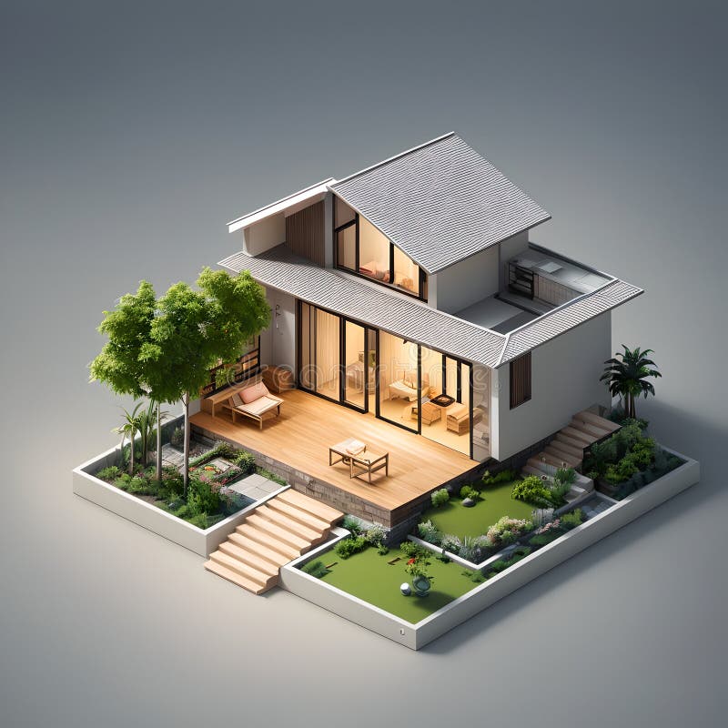 3d model referencyjny słodkiego małego domu dla ciepłego klimatu ai generowany ilustracji