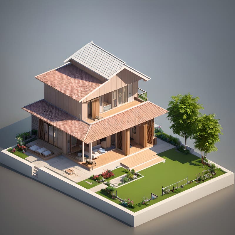 3d model referencyjny słodkiego małego domu dla ciepłego klimatu ai generowany royalty ilustracja