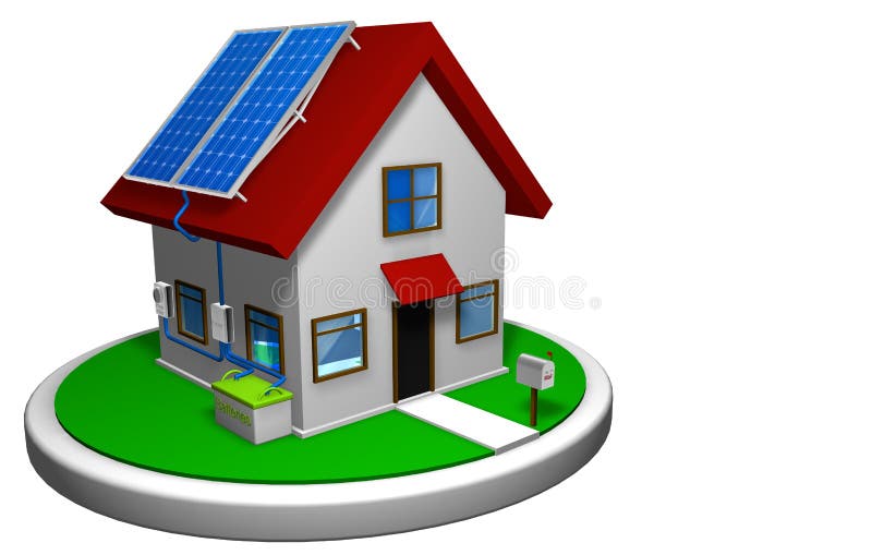 3D model of a small house with a solar energy system installed, with 4 solar panels on the red roof on a white disk royalty free illustration 3D model of a small house with a solar energy system installed, with 4 solar panels on the red roof on a white disk royalty free illustration