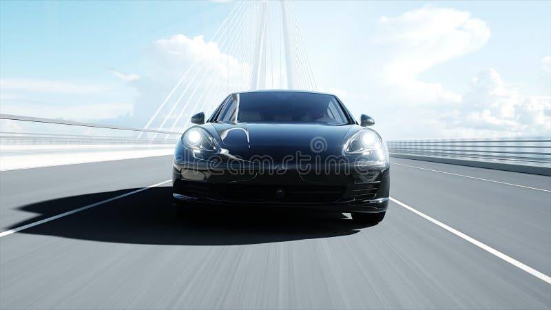3d model van zwarte sportwagen op de brug Zeer snel drijvend het 3d teruggeven royalty-vrije illustratie 3d model van zwarte sportwagen op de brug Zeer snel drijvend het 3d teruggeven royalty-vrije illustratie
