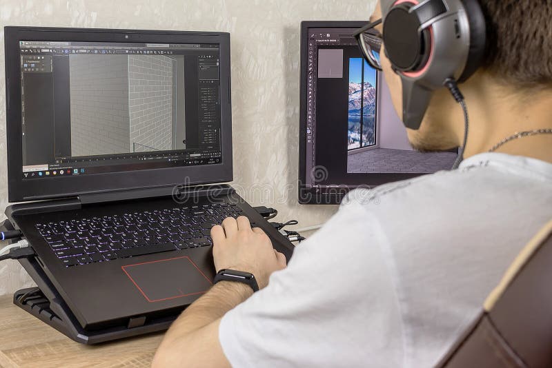 3D modeling on the computer. Man develops graphic