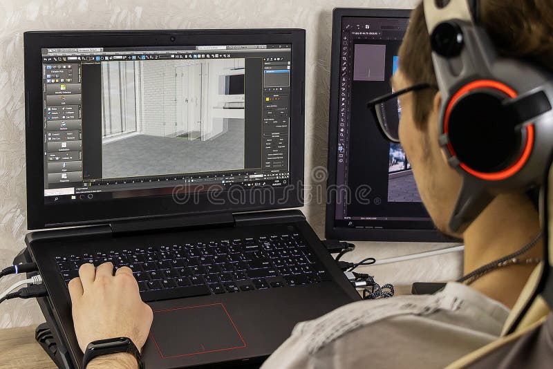 3D modeling on the computer. Man develops graphic design on two monitors