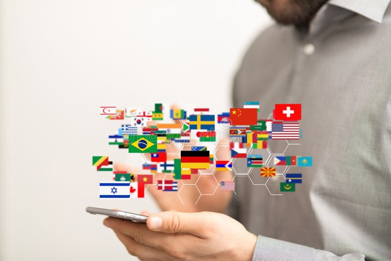 3D modeling of different national flags flying over a smartphone with a touch screen stock photo
