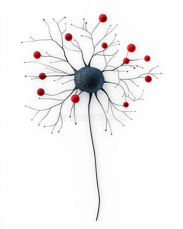 3D-Modell eines Neurons mit roten Dendriten und einem zentralen Zellkörper, der die Struktur des Nervensystems darstellt. generative Hilfe