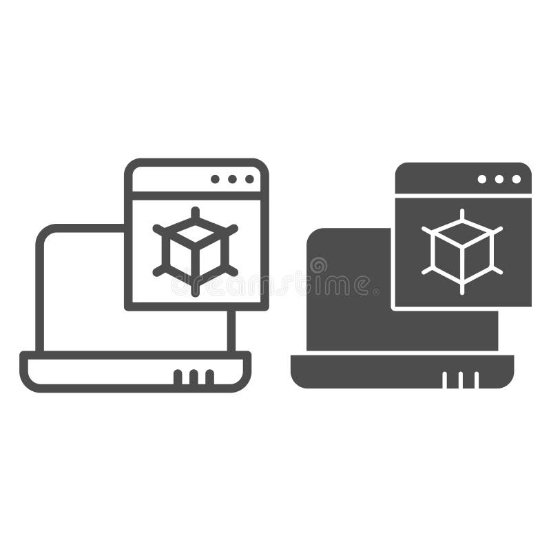 3D modelling line and glyph icon. Laptop with 3d project vector illustration isolated on white. 3d drawing on notebook vector illustration
