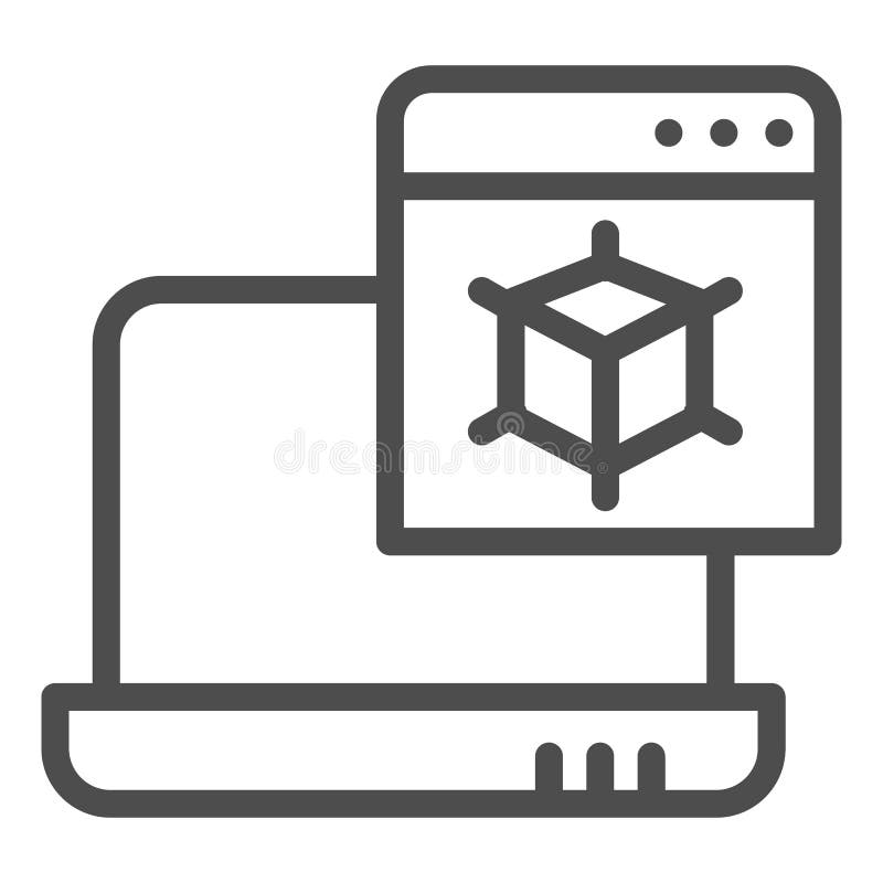 3D modelling line icon. Laptop with 3d project vector illustration isolated on white. 3d drawing on notebook outline royalty free illustration