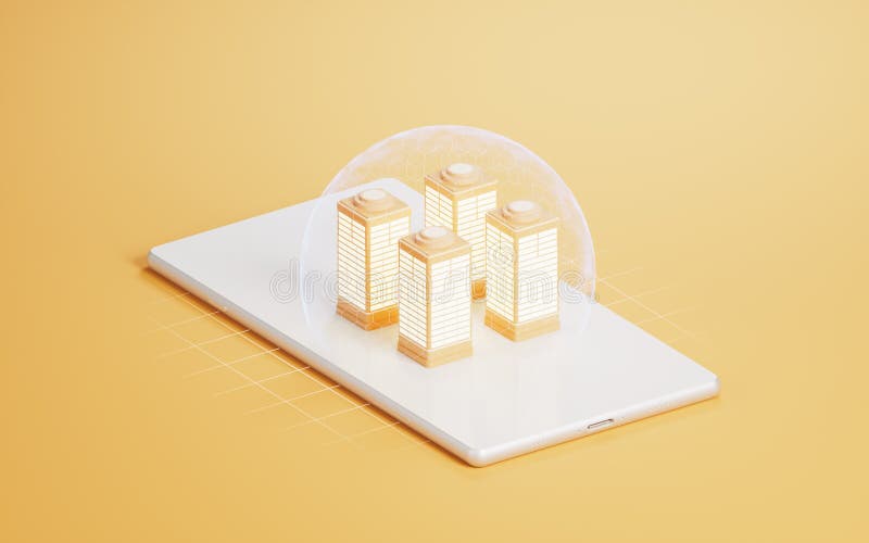 3d modelowe budynki miejskie na wyświetlaczu 3d telefonu komórkowego royalty ilustracja