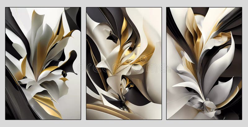 3d modern abstract natural art. golden, white and black waves. canvas wall poster art