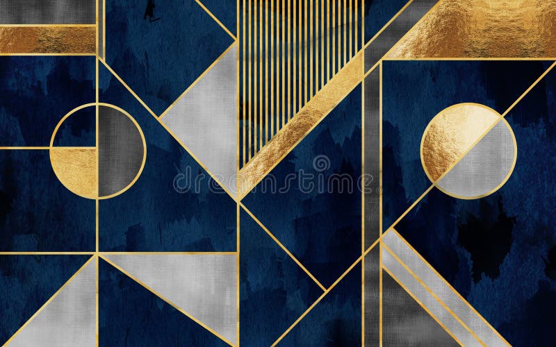 3d modern abstract wallpaper. Golden lines with Gary, blue and golden shapes gold sphere and dark background vector illustration
