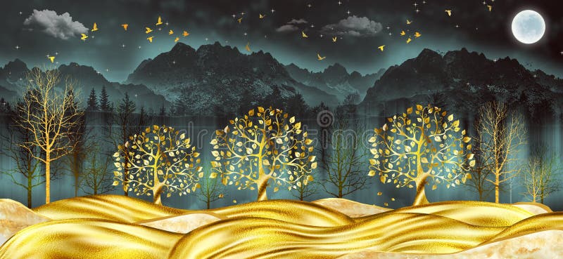 3d Modern Art Mural Wallpaper with Black Jungle , Forest Background .  Golden Tree , Marble Mountain , Moon with Golden Birds . C Stock  Illustration - Illustration of forest, buck: 204301939