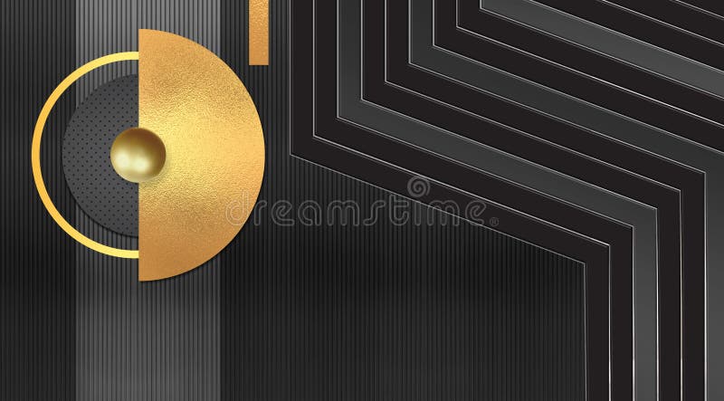 3d modern art mural wallpaper. golden balls and decorative circles and lines in black and gray background. stock image