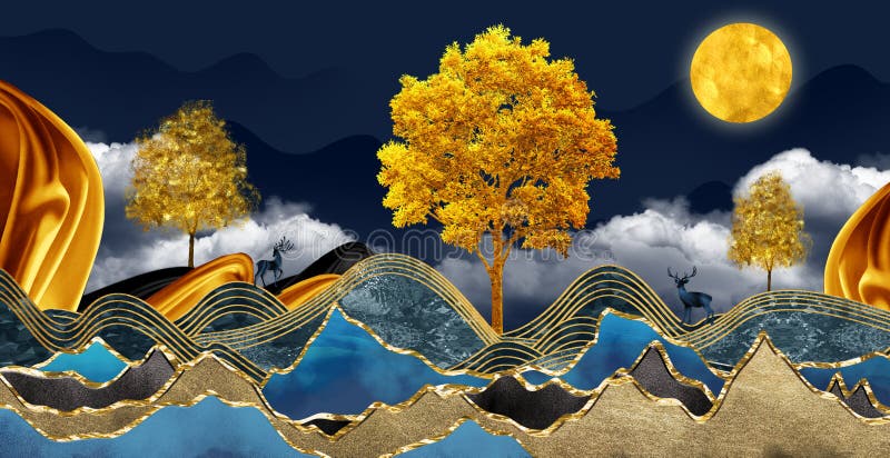 3d modern art mural wallpaper, night landscape with colorful mountains, dark black background with golden moon, golden trees, and. Gold waves