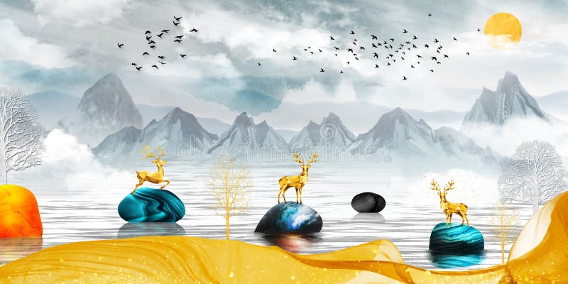 3d modern canvas art mural wallpaper landscape lake background . golden deer, christmas tree , gray mountain , sun with clouds an