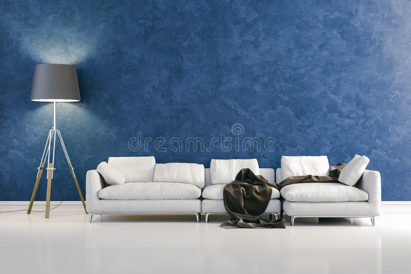 3d Modern Interior Design with Blue Wall Stock Illustration