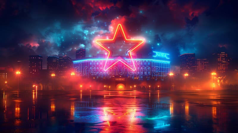 Modern Five Star Hotel icon in bright neon graphic style black background stock illustration