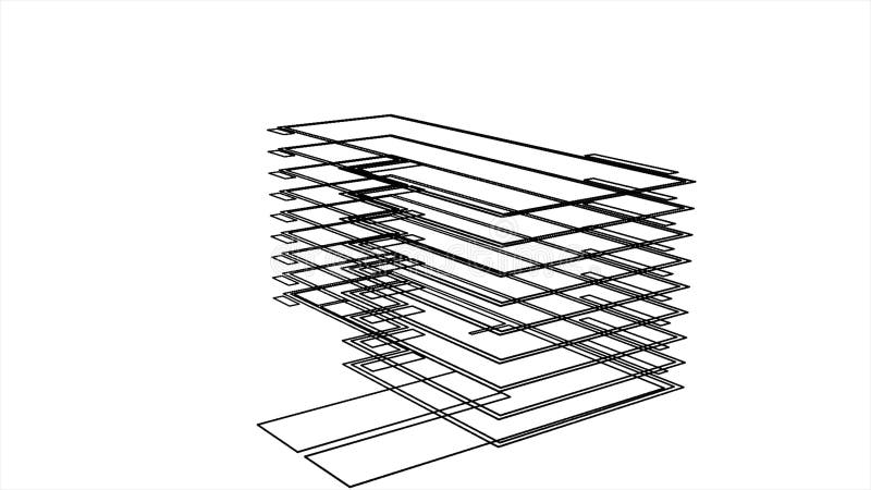 3D modern house model in the early stage of a project, constructing and designing concept. Animation. Schematic view of vector illustration