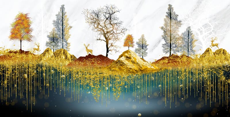 3d modern Landscape art mural wallpaper with Christmas tree, golden lines, and mountain, white marble background.