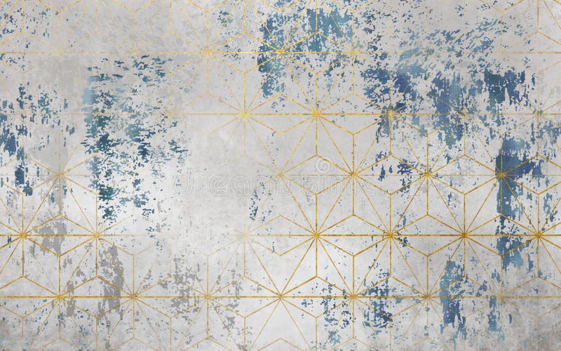 3d modern mural wallpaper. golden geometric lines in grunge texture blue and gray abstract shapes. decoration wall and carpet background home decoration. 3d modern mural wallpaper. golden geometric lines in grunge texture blue and gray abstract shapes. decoration wall and carpet background home decoration