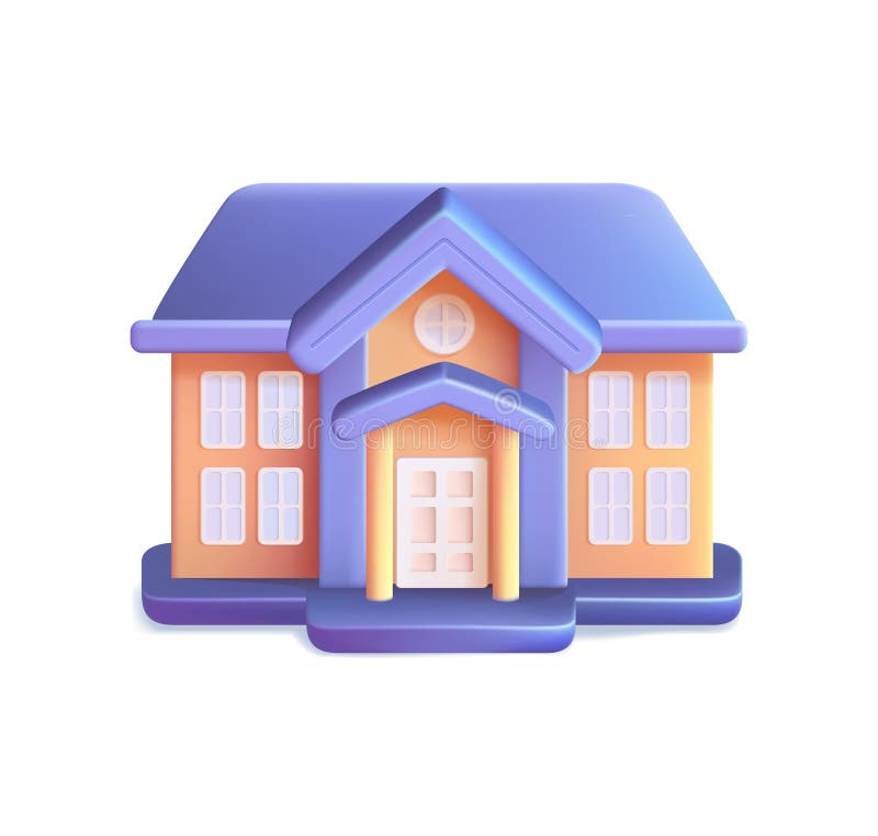 3D Modern School Icon. School with a Green Lawn. Icon. 3D Render Vector