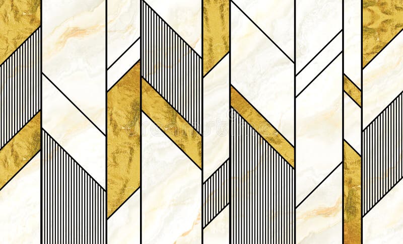 3d modernt, minimalistiskt väggpapper. Golden- och svarta linjer på marmorbakgrund. Inre sovrumsväggsdekoder stock illustrationer