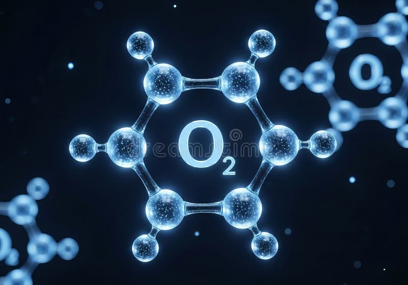 Abstract visualization of an oxygen O2 molecule with glowing blue atoms and connecting bonds. This scientific representation highlights the hexagonal structure characteristic of some oxygen compounds, suggesting a focus on chemistry and molecular science. Oxygen molecule blue illustrations