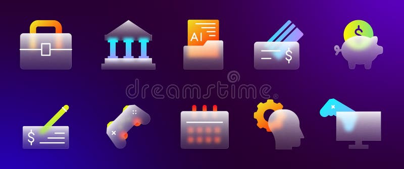 3d money icons. Glass UI symbols. Web browser logo. Computer joystick. Bank and business technology. Calendar planner royalty free illustration