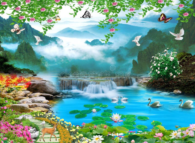 3d Mural Colorful Wallpaper Landscape. Flowers and Trees and Lake Water.  Sky and Clouds with Birds. Waterfall and Mountains View. Stock Illustration  - Illustration of decoration, design: 231230571
