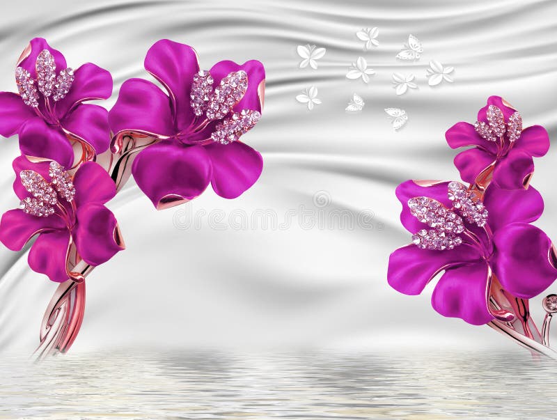 3d mural fondo de pantalla. ilustración flores y mariposa blanca en fondo de luz de seda stock de ilustración