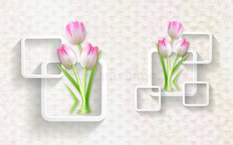 3d mural illustration background with squares and flowers , decorative art wallpaper