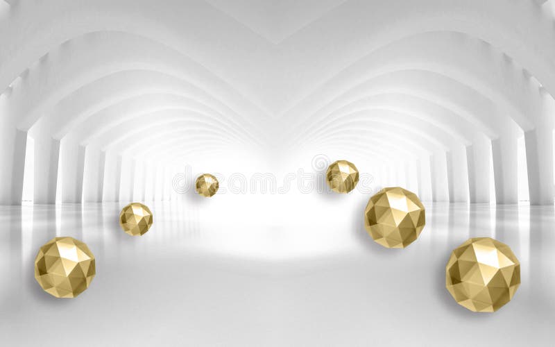 3d mural Illustration of 3D crystal golden ball in empty expand room gray rendering background