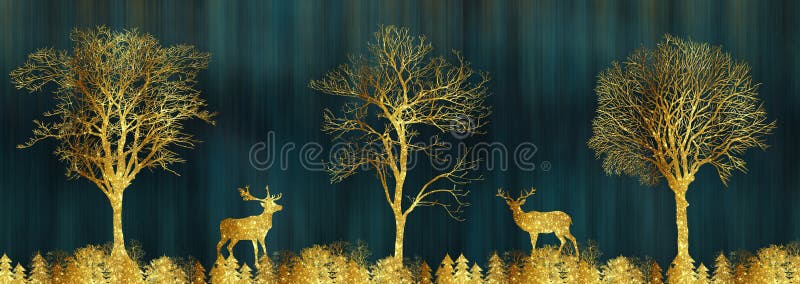 3d mural landscape wallpaper. Christmas forest trees, and golden deer. interior living room home wall decor.