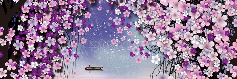 3d mural pink , rose flowers with lake boat . floral background Suitable for use on a wall frame ..
 visually expand the space in a small room, bring more light and become an accent in the interior