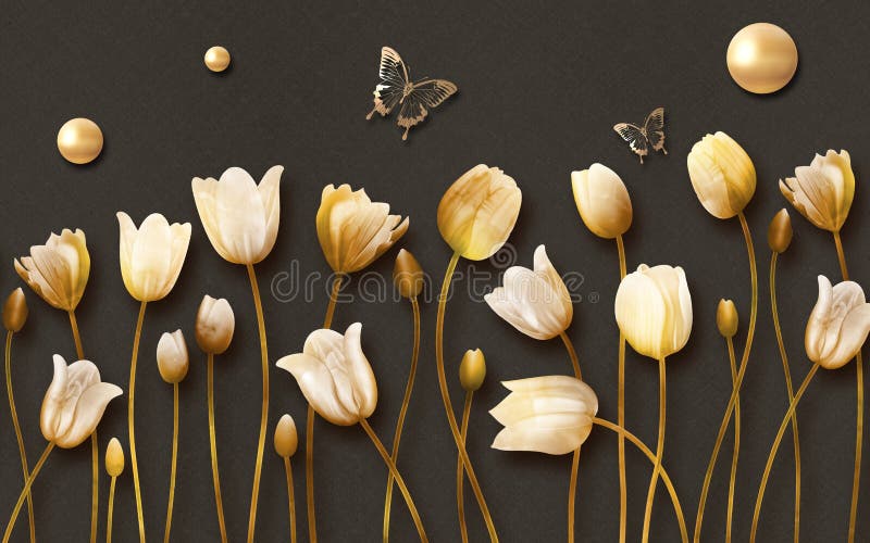 3d mural tulip flowers with golden butterfly and pearl in dark background