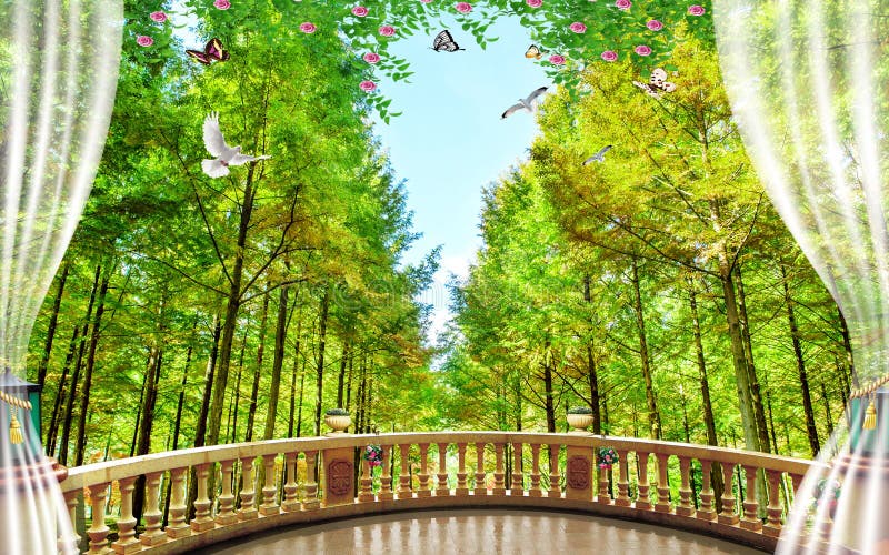 3d mural wallpaper Beautiful view of landscape background from the old arches, tree, forest, birds flowers and transparent curtain