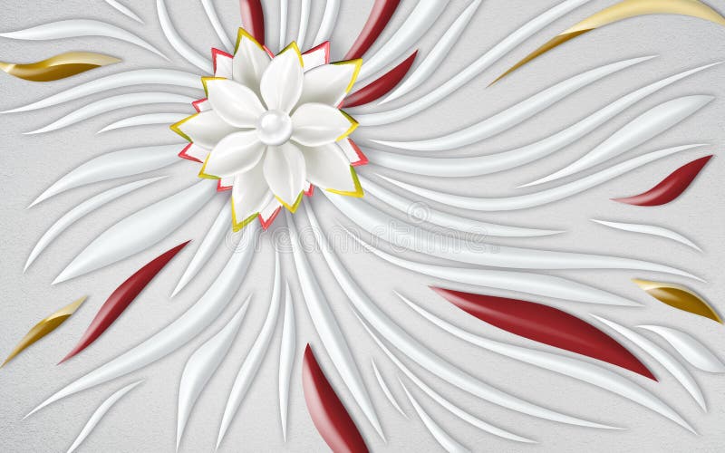 3d mural wallpaper decoration Abstract fractal fantastic golden flower . gray and red color in light gray background