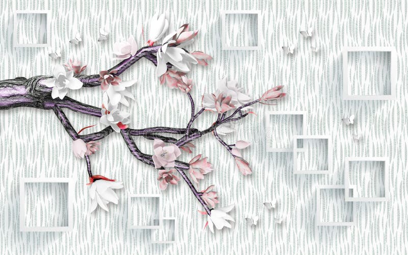 3d mural wallpaper design with render flower and tree branch . butterfly and white background
