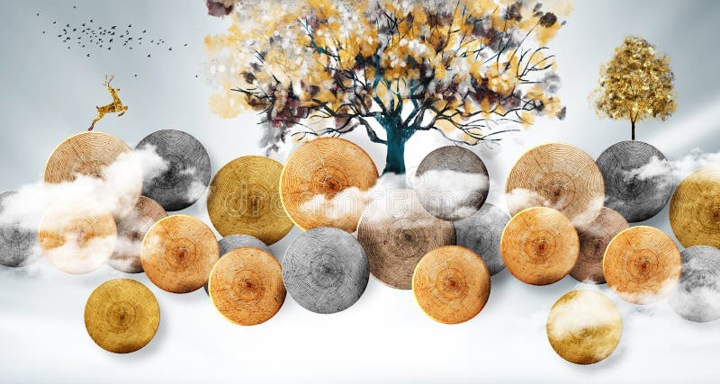 3d mural wallpaper. drawing colorful trees and circle wood and sky in light gray background.