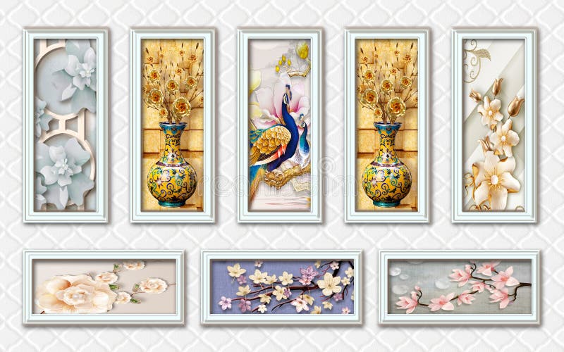 3d mural wallpaper with silver frames and flowers in tree branches with flowers and vases and peacock in silver leather