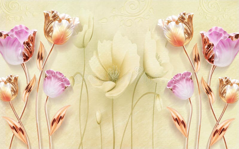 3d Mural wallpaper. tulpanblommor med ljusgul bakgrund. för väggdekan i hemmet arkivbilder