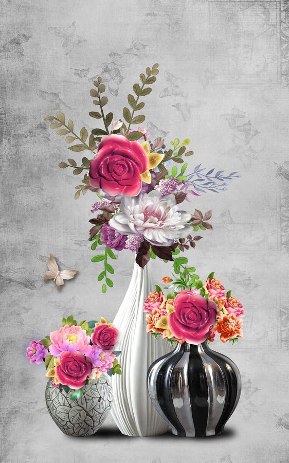 3d Mural Wallpaper Vase with Rose Pink , Colored Flowers Branches on Gray  Beige Background . Suitable for Use on a Wall Frame Stock Illustration -  Illustration of birds, brown: 173012136