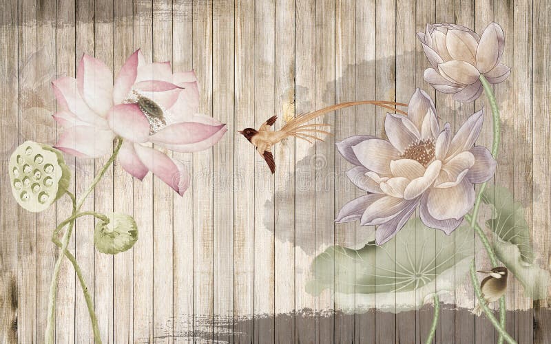 3d Mural Wallpaper,watercolor Painting of Lotus Flowers with Wooden Texture  Background Stock Image - Image of small, lily: 219325565