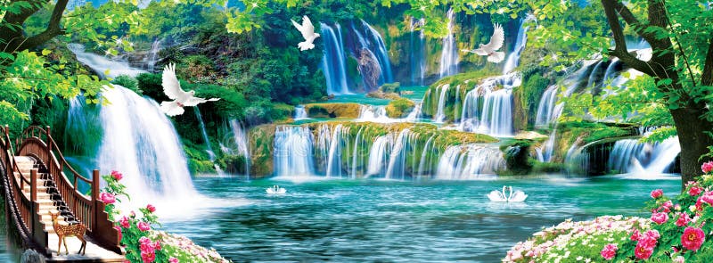 3d muurkleurig landschap . bloemen vertakken meerdere kleuren met bomen en water . watervallen en vliegende vogels . geschikt voor 3d muurkleurig landschap . bloemen vertakken meerdere kleuren met bomen en water . watervallen en vliegende vogels . geschikt voor