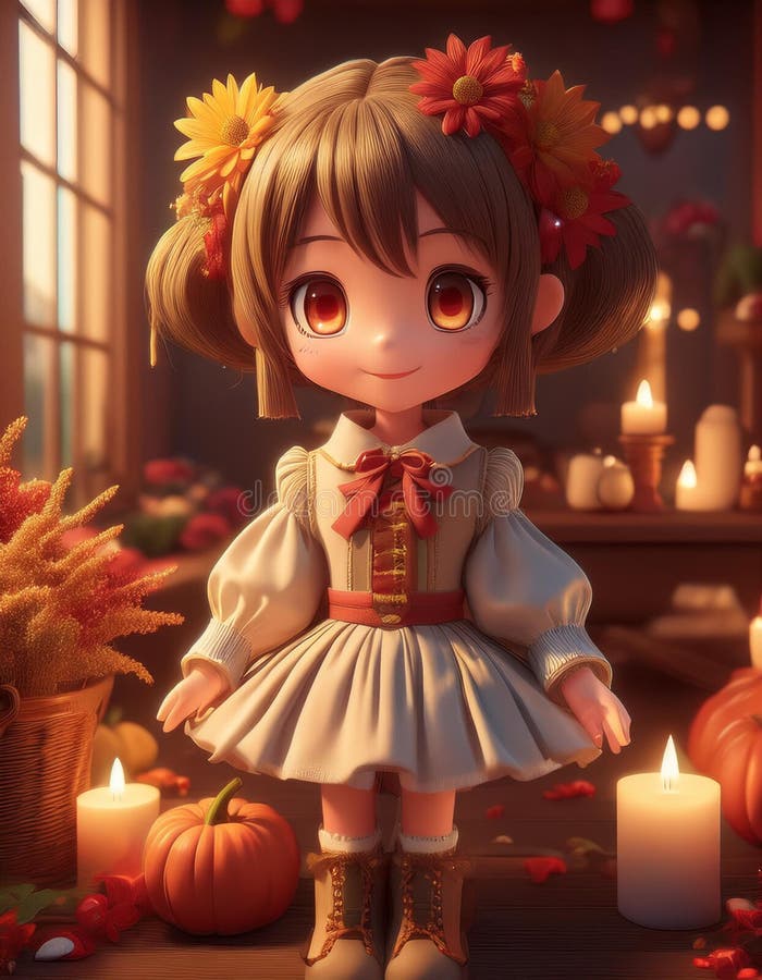 3 d muñeca de anime adorable vestida al estilo vintage frente a un cálido ambiente de otoño con velas brillantes stock de ilustración