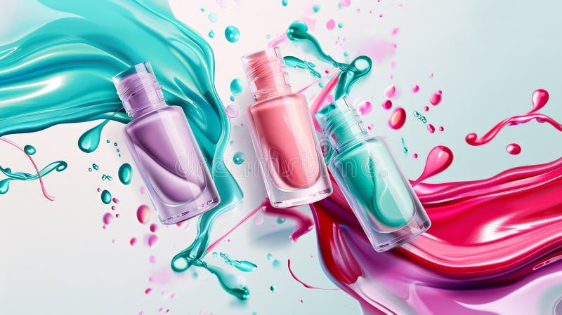 3D nail polish bottles realistic modern banner, fallen glass tubes of blue, green, and pink colors splatter and mix on white background. Cosmetic make-up product advertising promo.. AI generated. 3D nail polish bottles realistic modern banner, fallen glass tubes of blue, green, and pink colors splatter and mix on white background. Cosmetic make-up product advertising promo.. AI generated