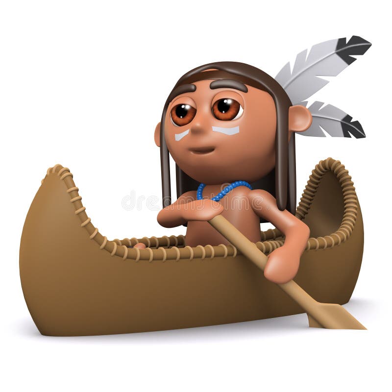 3d Native American Indian Boy Paddles His Canoe Stock 