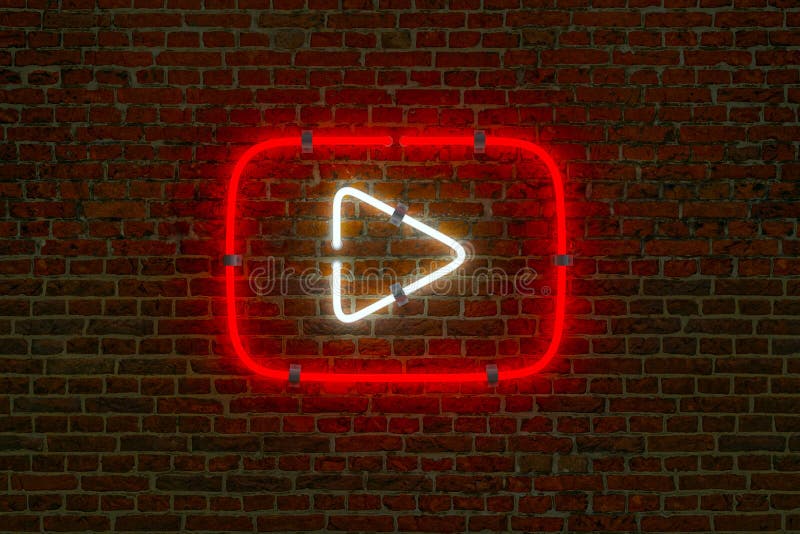3D Neon Play Button Lamp on Dark Brick Wall Background Stock Photo ...