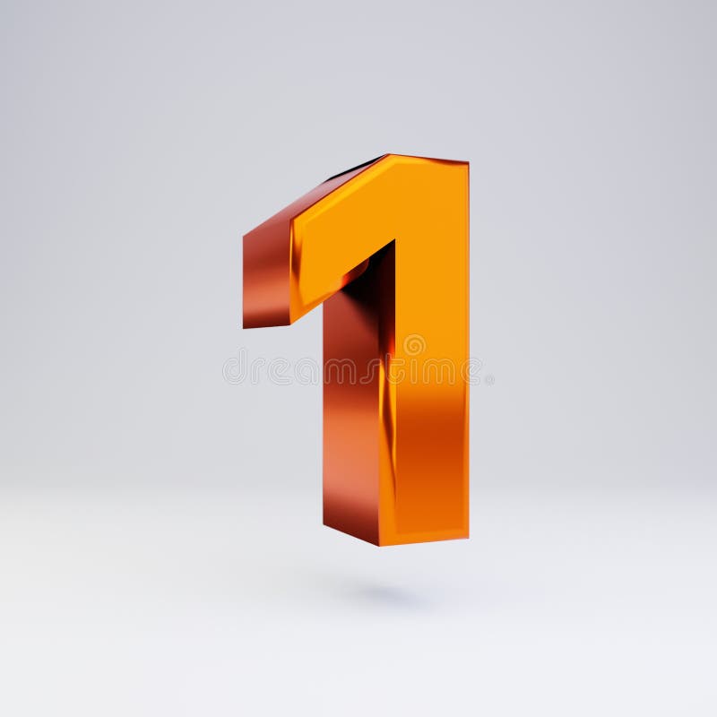 3d Number 1. Hot Orange Metallic Font with Glossy Reflections and