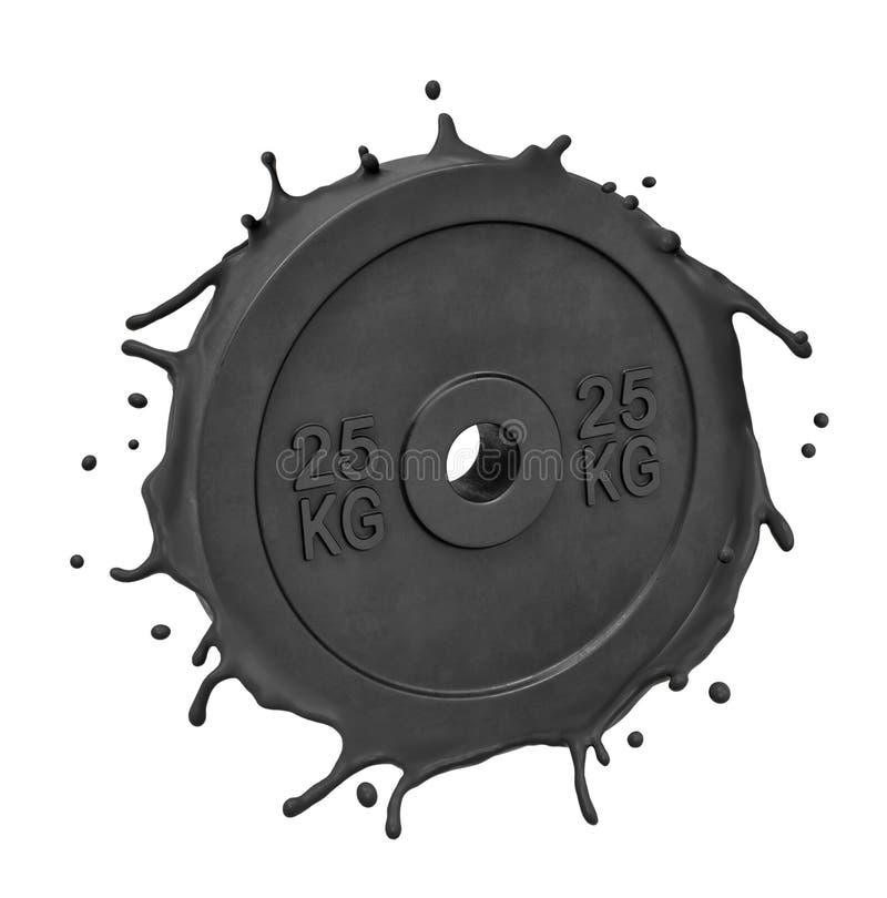 3d näråtergivning av svart smältning 25 kg viktplatta isolerad på vit bakgrund, varvid svarta droppar av metall bryts royaltyfri illustrationer 3d näråtergivning av svart smältning 25 kg viktplatta isolerad på vit bakgrund, varvid svarta droppar av metall bryts royaltyfri illustrationer
