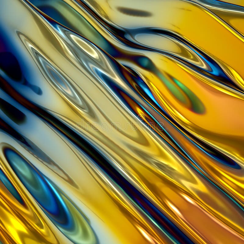 3d odpłacają się, abstrakcjonistyczny tło, złocista holograficzna folia, iryzują falistego szkło, pozaziemska tekstura, czochry zdjęcie stock
